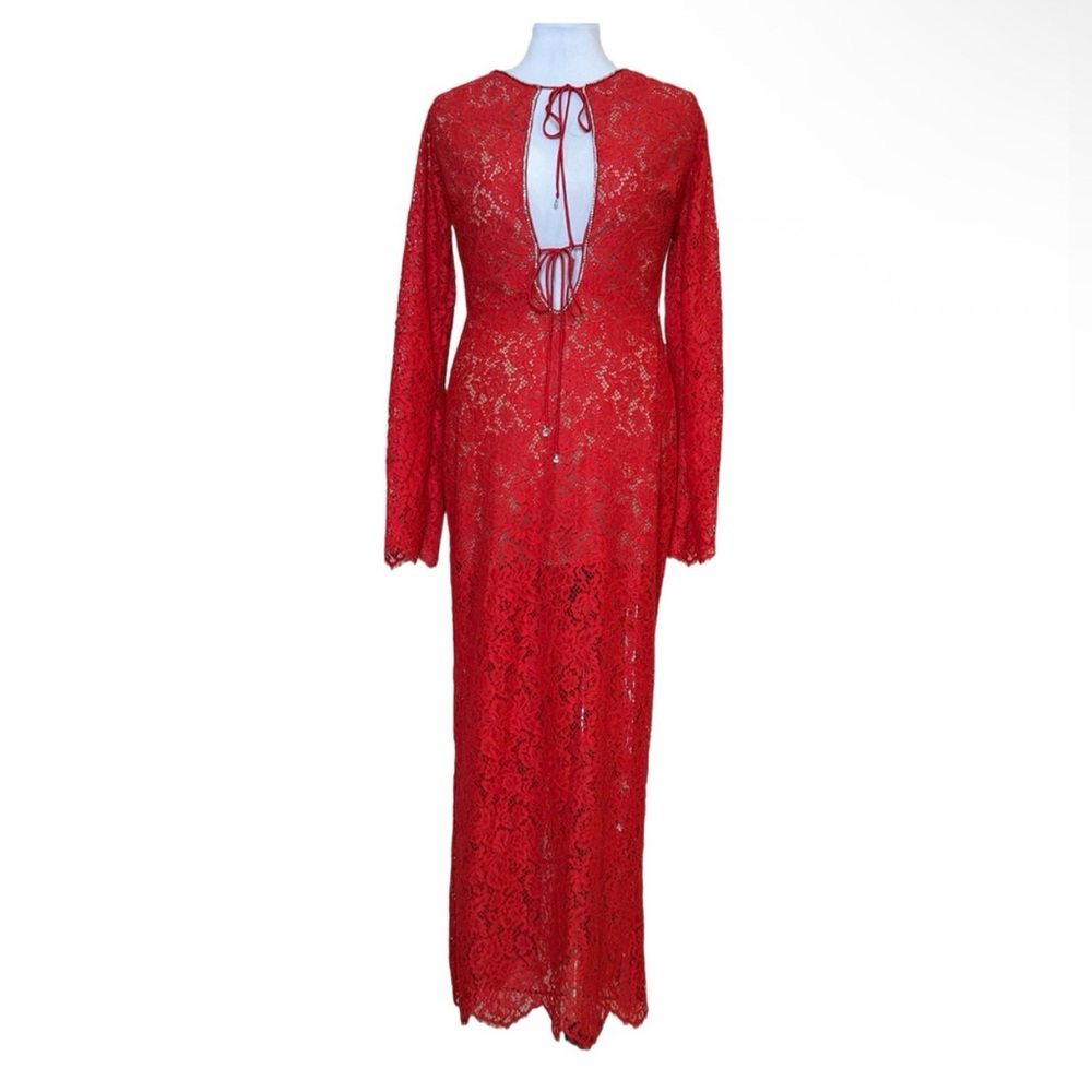NEW House of CB Lisandra Lace Maxi Dress Red Crystal Trim Cutout Long Sleeve XS - Picture 3 of 15